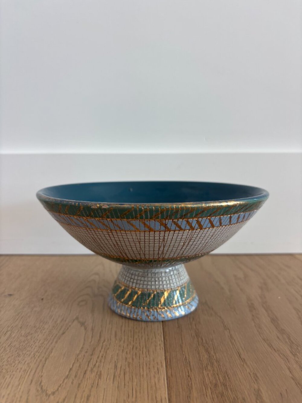 Vintage Aldo Londi Teal & Gold Pedestal Bowl/Vase